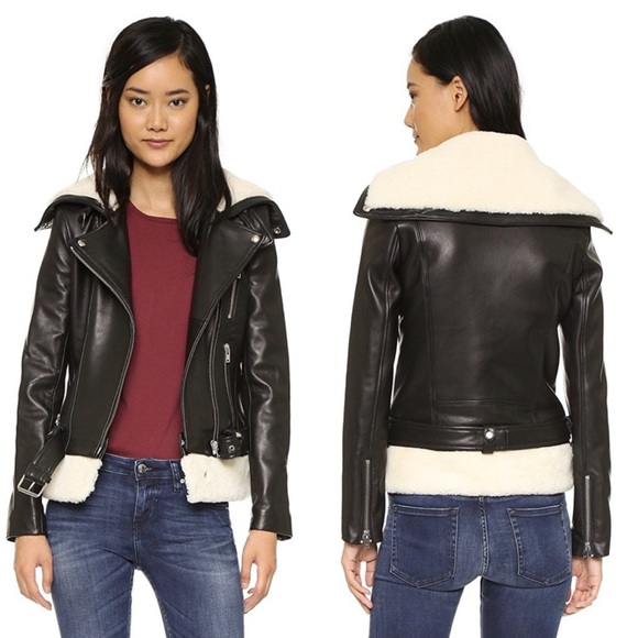 Iro Kohlia Leather and Shearling Moto Jacket Black Ivory 38 4 6 Coat - Picture 2 of 11